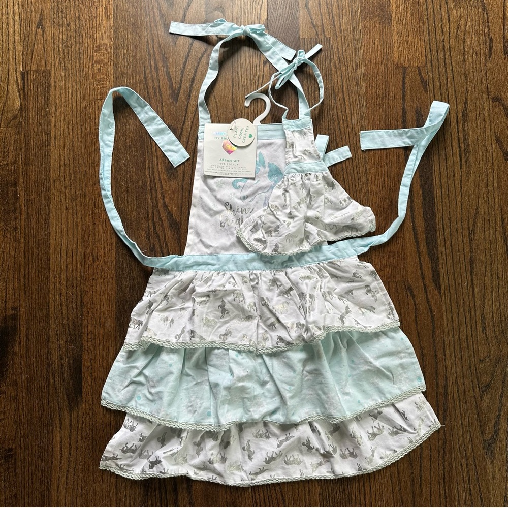 NWT Kids + Doll Apron Set Unicorn Pattern Tiered Silhouette 100% Cotton